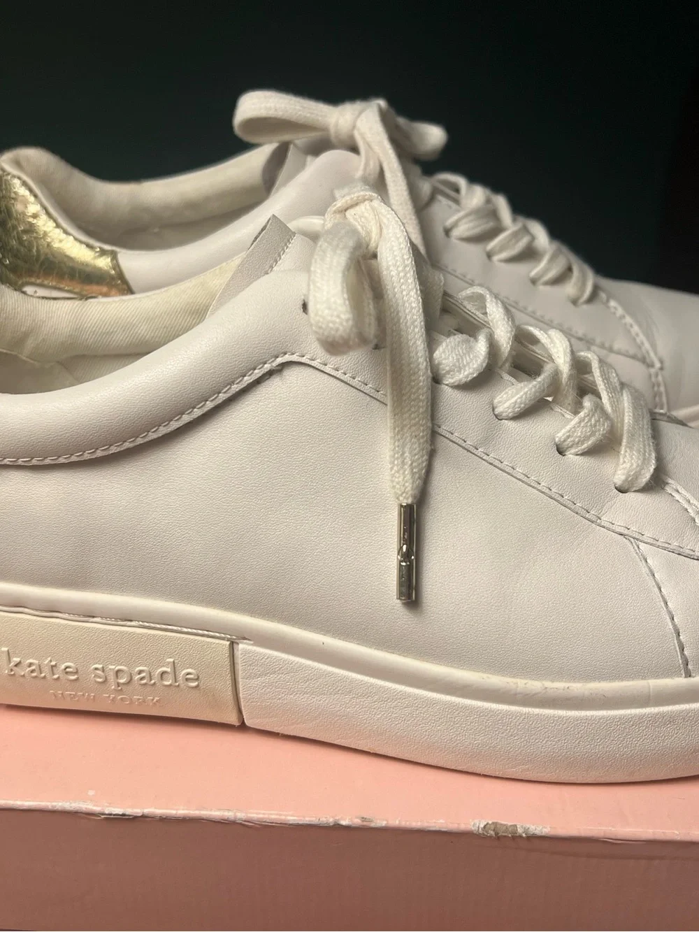 kate spade Lift White Leather Lace-Up Sneakers with Gold Heel Tab
